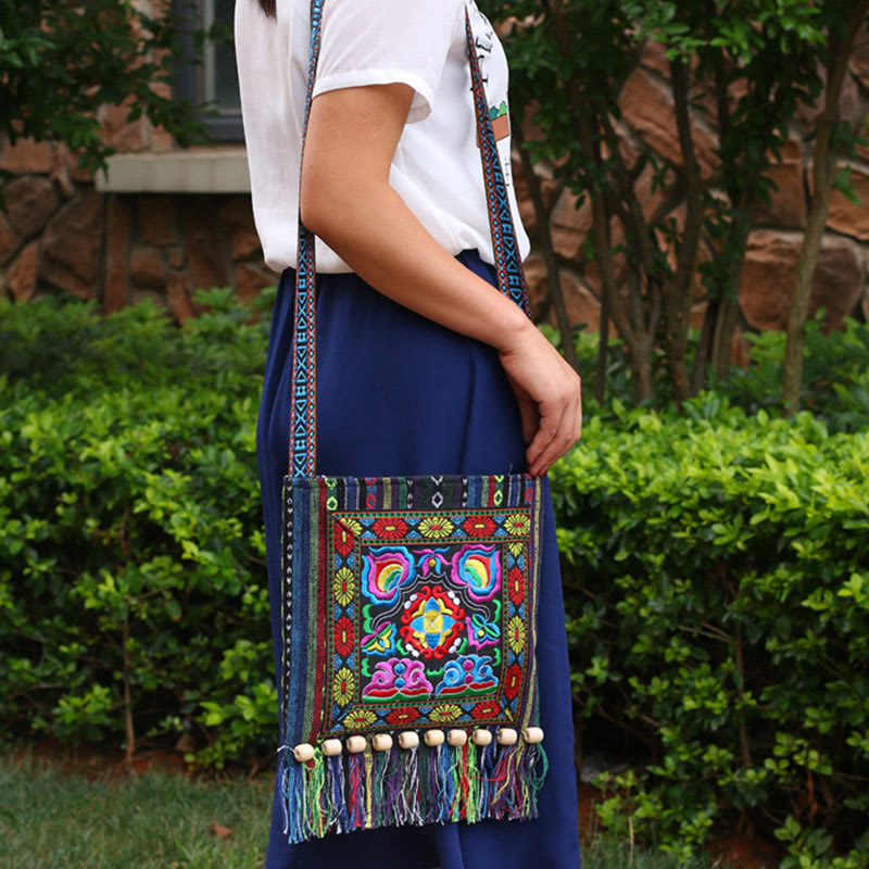 Buddha Stonesチベットのハンドメイド刺繍カメリアキャンバスショルダーバッグクロスボディバッグ