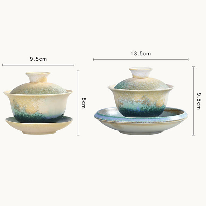 Buddha Stones緑の海の波模様 磁器 セラミック 蓋碗 三彩 ティーカップ カンフー ティーカップ ソーサー 蓋付き