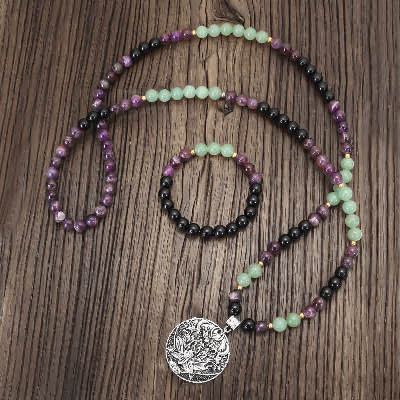 Buddha Stones 108Malaビーズ アメジスト グリーン アベンチュリン ロータス 瞑想ブレスレット