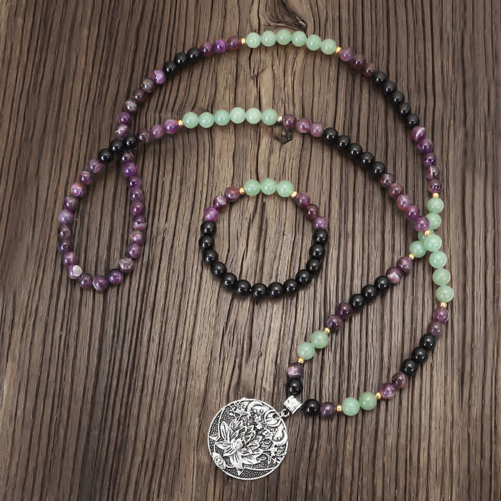 Buddha Stones 108Malaビーズ アメジスト グリーン アベンチュリン ロータス 瞑想ブレスレット