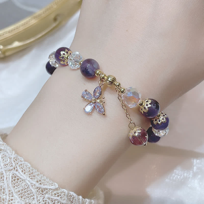 Buddha Stones 天然アメジストのスピリチュアル 蝶モチーフチャームブレスレット
