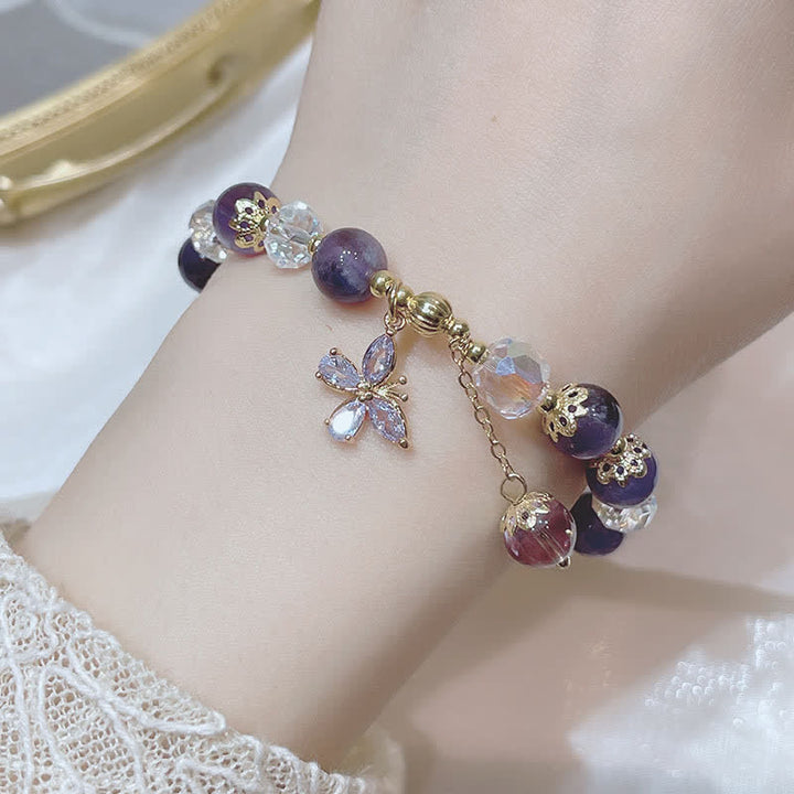 Buddha Stones 天然アメジストのスピリチュアル 蝶モチーフチャームブレスレット