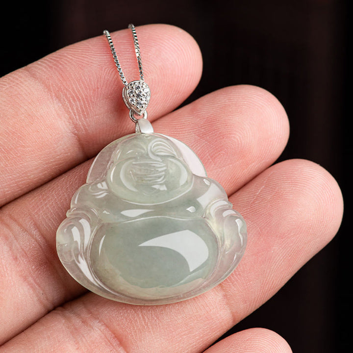 Buddha Stones925スターリングシルバー 天然翡翠 笑い仏 繁栄 豊穣 チェーンネックレス ペンダント