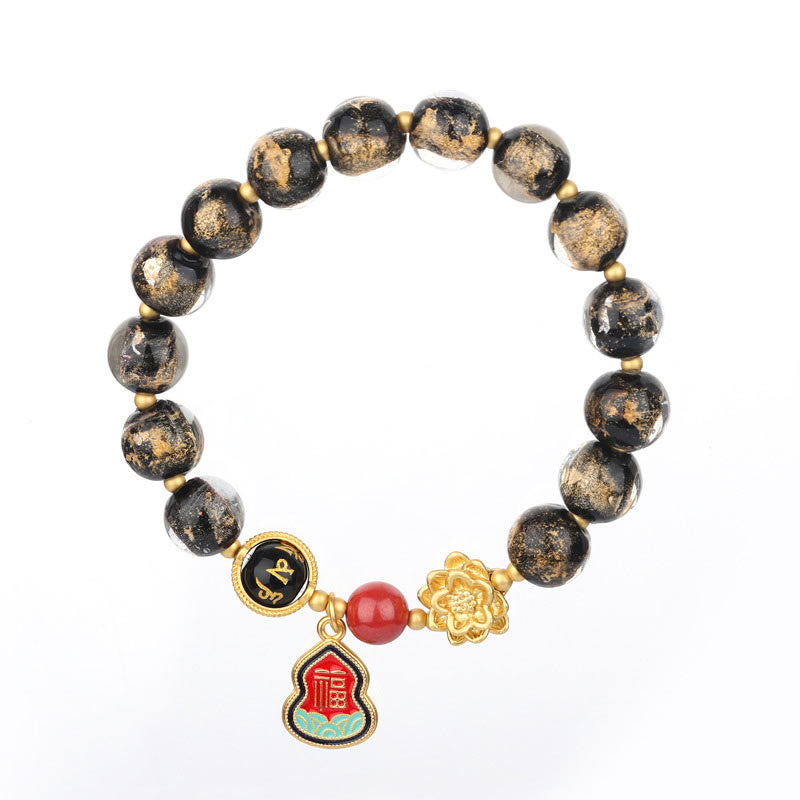 チベットのBuddha Stones、オーム・マニ・パドメ・フムフムフーのキャラクターひょうたんチャーム、蓮華座のガラスビーズ、幸運ブレスレット