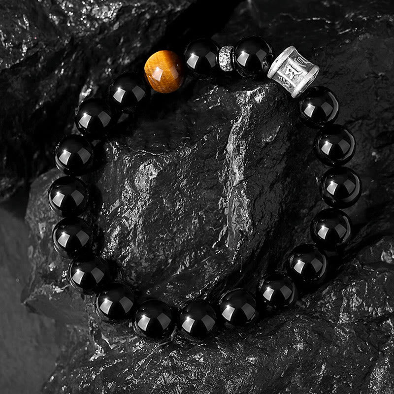 Buddha Stones999 スターリングシルバー ブラックオブシディアン タイガーアイオーム・マニ・パドメ・フムフルフィルメントブレスレット