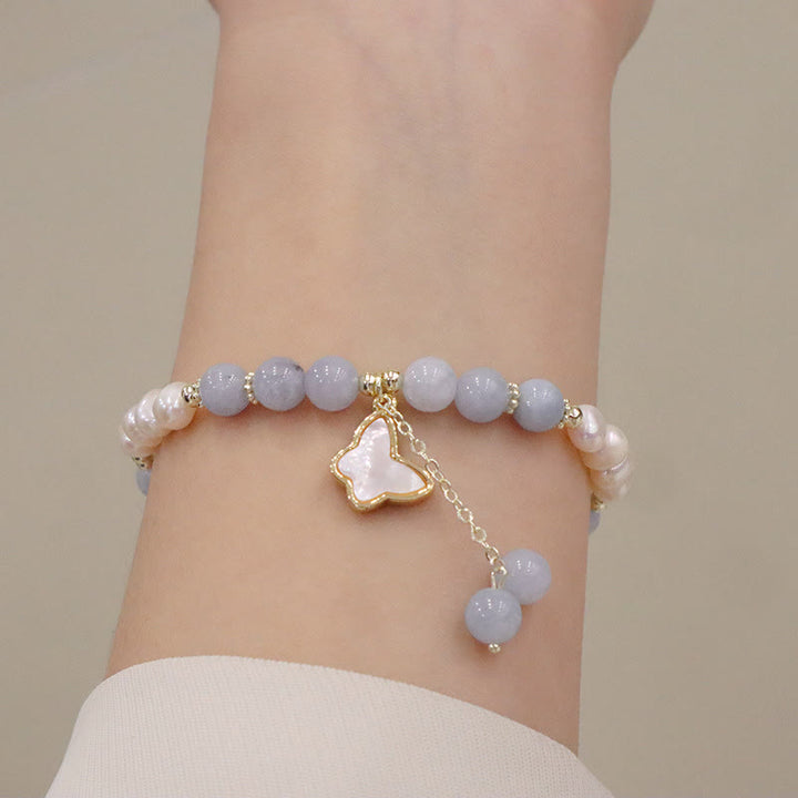 Buddha Stones天然アクアマリンパール ヒーリング イチョウの葉 バタフライ チャームブレスレット