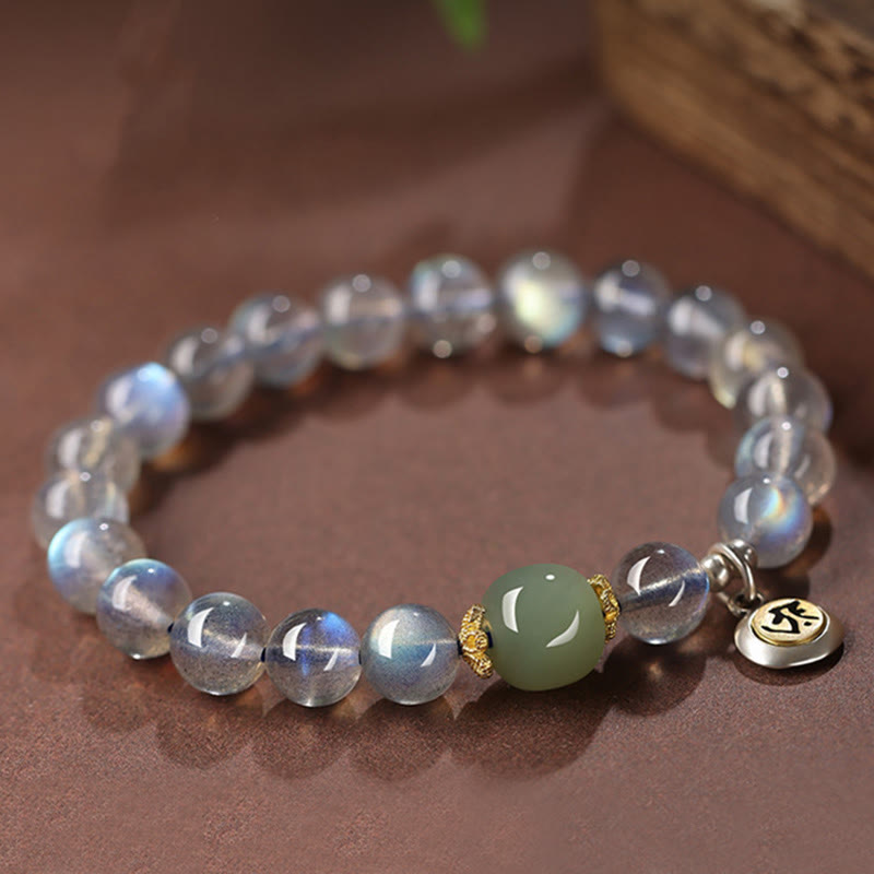 Buddha Stones中国の十二支 出生仏 925 スターリングシルバー 天然ムーンストーン 和田翡翠 ポジティブブレスレット