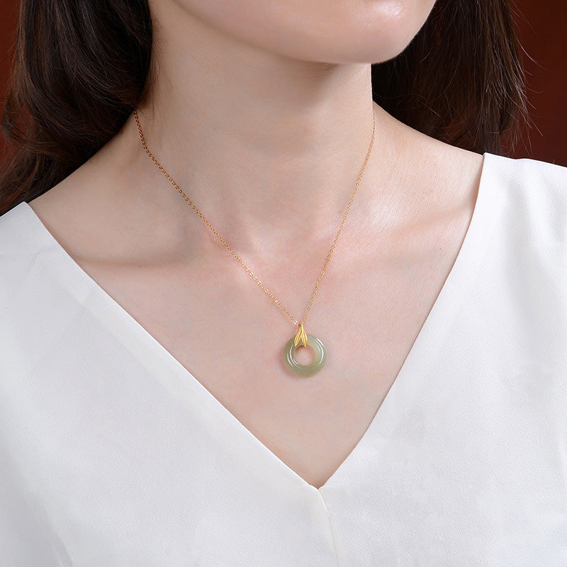 Buddha Stones 925スターリングシルバー シアン翡翠 ピースバックル 竹の葉 ハーモニーネックレスペンダント
