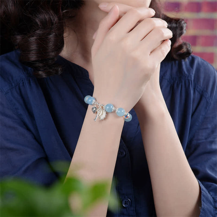 Buddha Stones925スターリングシルバー 天然アクアマリン セレニティフラワー ラブキーチャームブレスレット