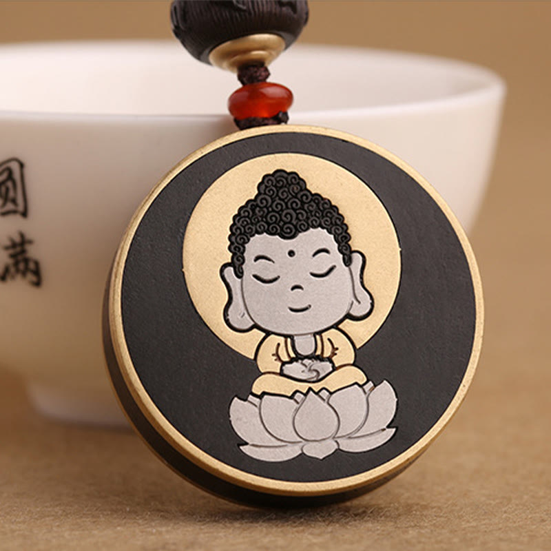 Buddha Stones黒檀木材ローズウッド仏観音菩薩Om Mani Padme Humバランス車のキーチェーン装飾