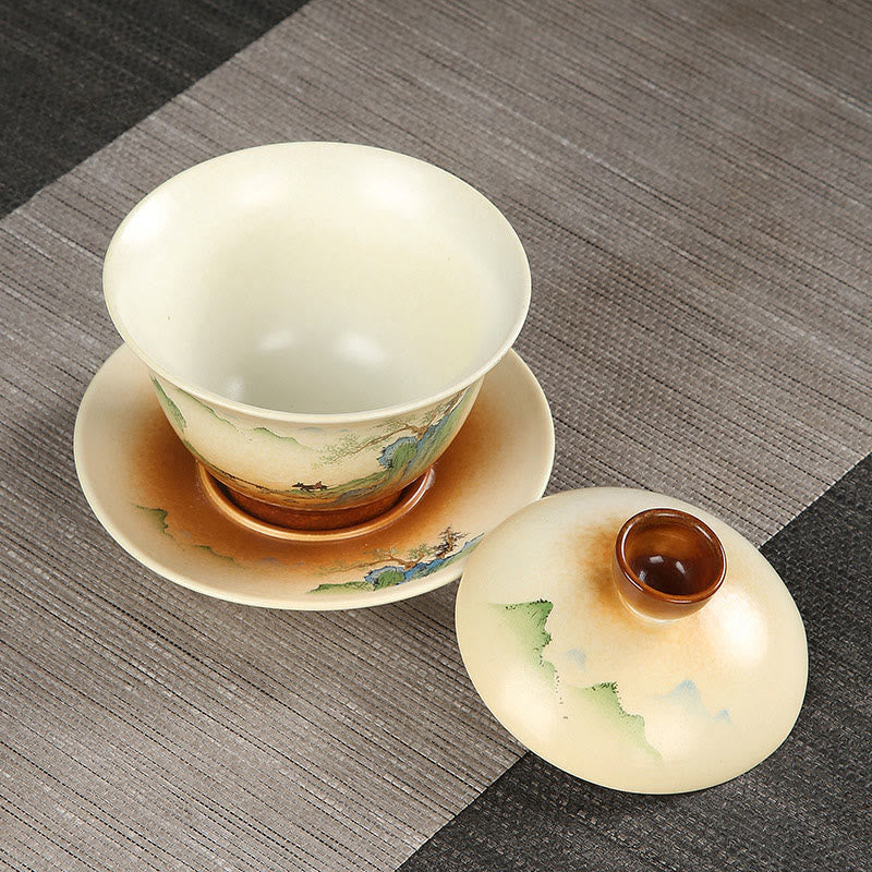 Buddha Stones山の風景 田舎 陶器 蓋碗 三彩 ティーカップ カンフー ティーカップ ソーサー 蓋付き - image 1