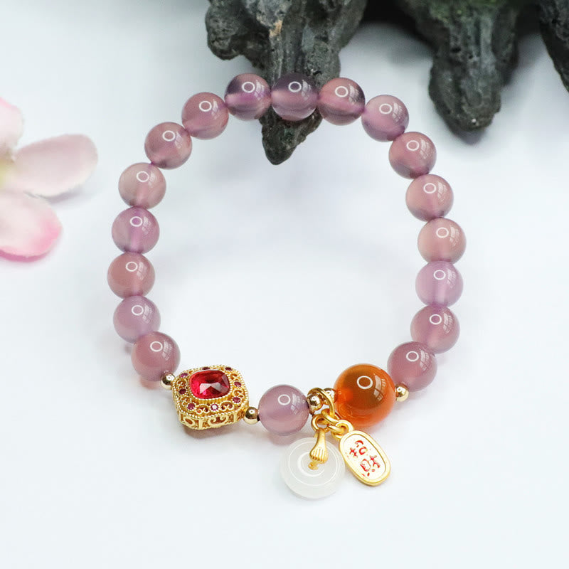 Buddha Stones天然パープルカルセドニー キャンディアゲート 平和バックル ハーモニー 幸運 幸運 チャーム ブレスレット