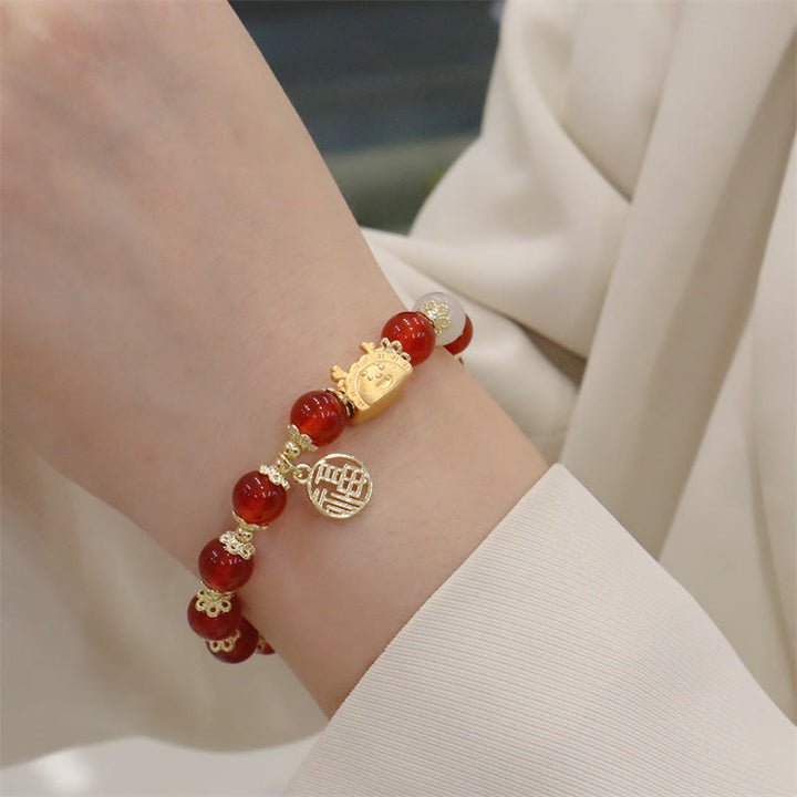 Buddha Stones赤瑪瑙 ストロベリークォーツ 黒曜石 翡翠 ガーネット 真珠 辰砂 団子型 龍 幸運 福 キャラクター ブレスレット - image 3