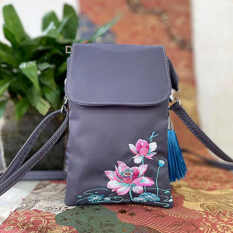 Buddha Stones防水ハンドメイド刺繍蓮の花クロスボディバッグショルダーバッグ携帯電話バッグ