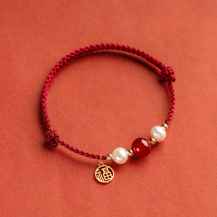 Buddha Stones925 スターリングシルバー 幸運の福の文字瑪瑙真珠 赤い紐編みブレスレット