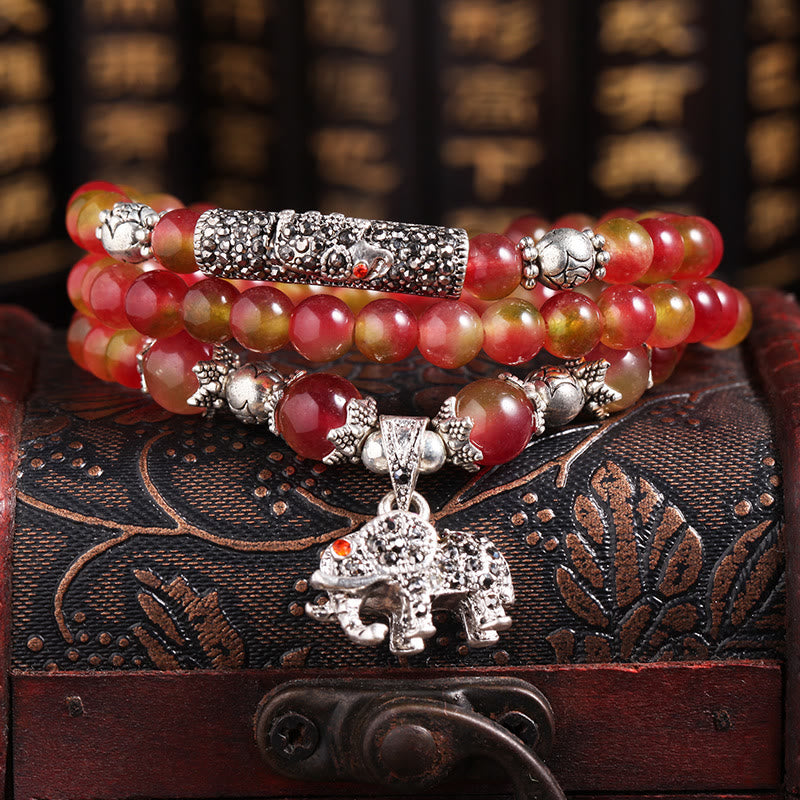 Buddha Stones天然スイカトルマリン貔貅象ポジティブトリプルラップブレスレット