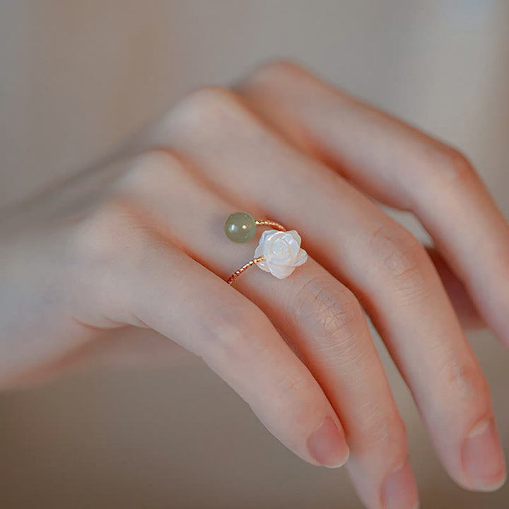 Buddha Stones14K ゴールドメッキ シャコガイ石 ローズフラワー 翡翠ビーズ 祝福リング