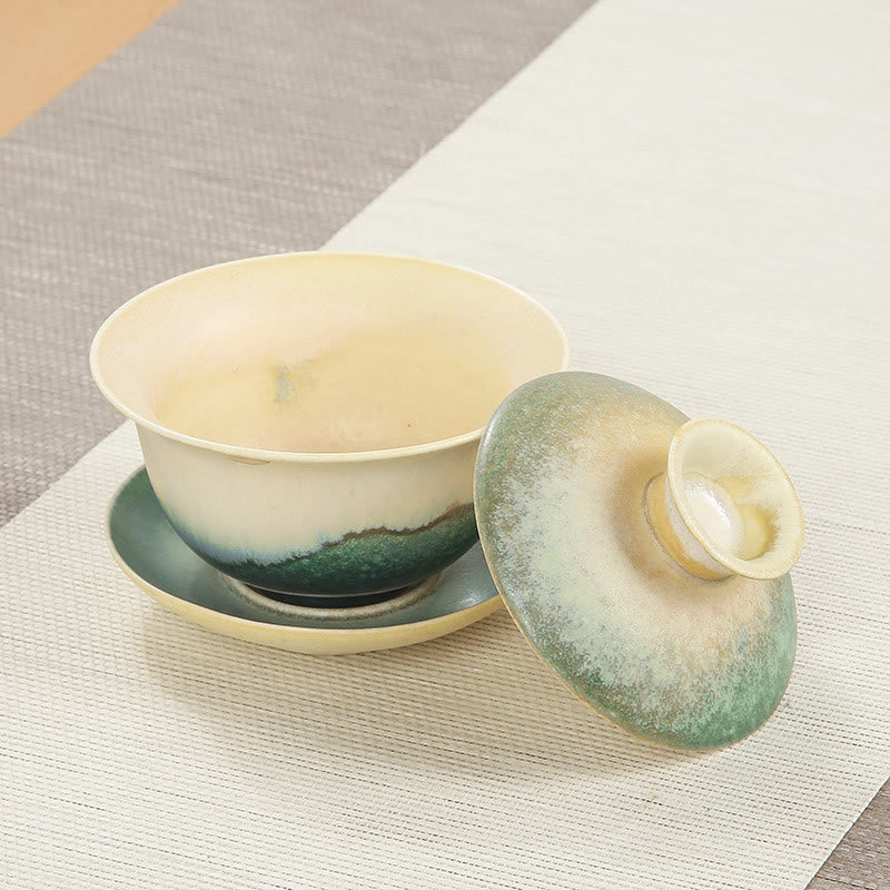Buddha Stones緑の海の波模様 磁器 セラミック 蓋碗 三彩 ティーカップ カンフー ティーカップ ソーサー 蓋付き