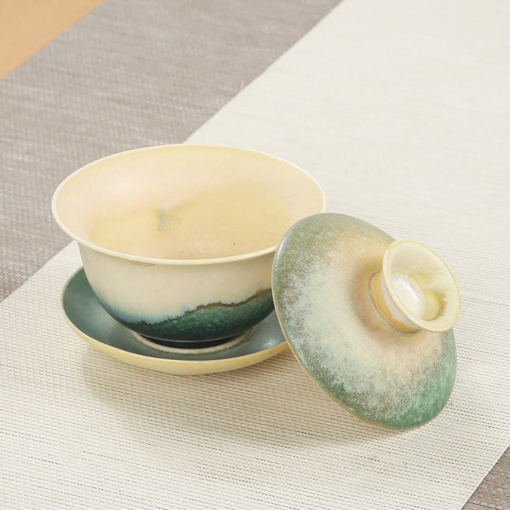 Buddha Stones緑の海の波模様 磁器 セラミック 蓋碗 三彩 ティーカップ カンフー ティーカップ ソーサー 蓋付き