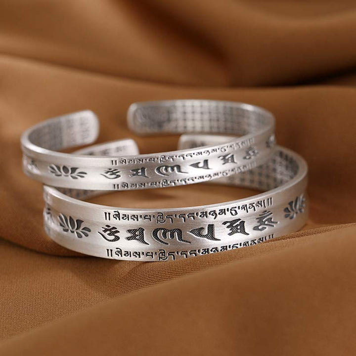 Buddha Stones999スターリングシルバーオーム・マニ・パドメ・フムロータスウィズダムブレスレット バングル