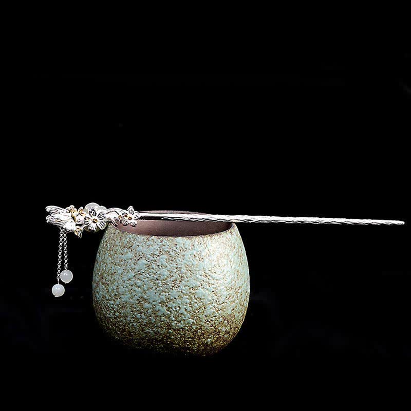 925スターリングシルバーの和田白翡翠の花の祝福のヘアピン - image 16