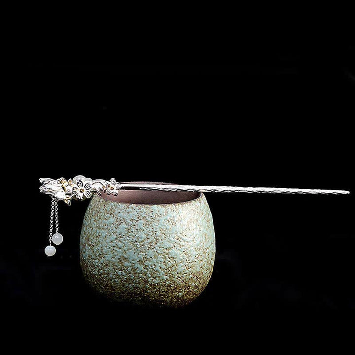 925スターリングシルバーの和田白翡翠の花の祝福のヘアピン - image 16