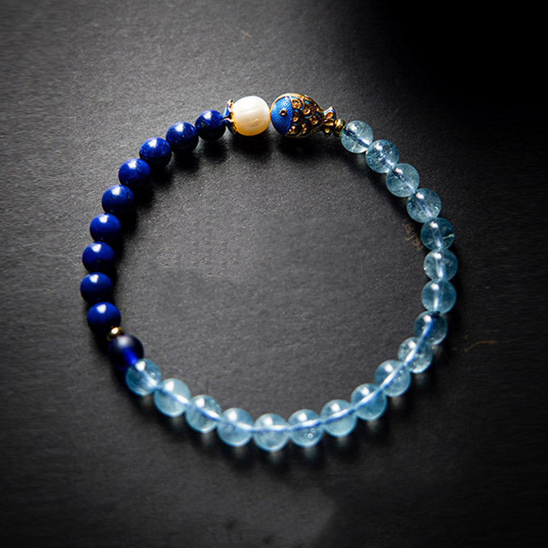 Buddha Stones天然アクアマリンラズライトフィッシュヒーリングブレスレット