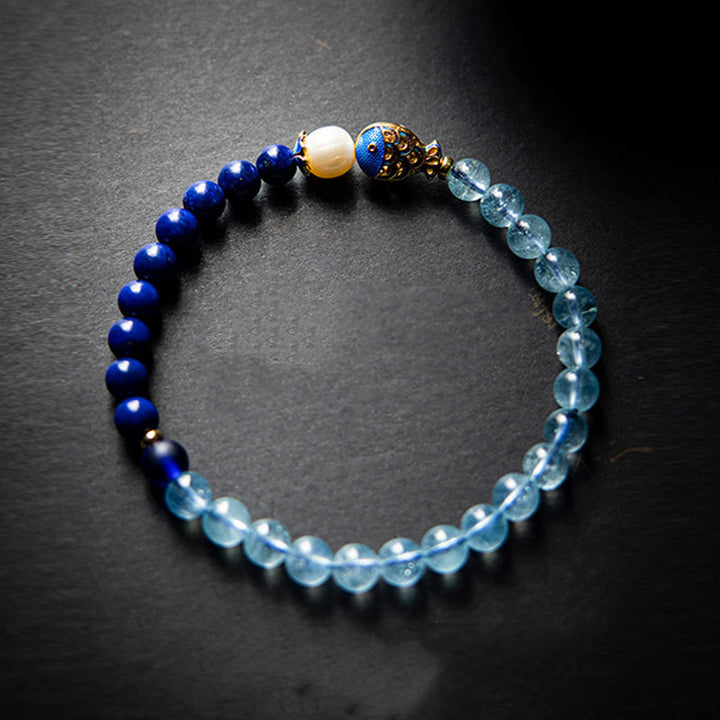 Buddha Stones天然アクアマリンラズライトフィッシュヒーリングブレスレット