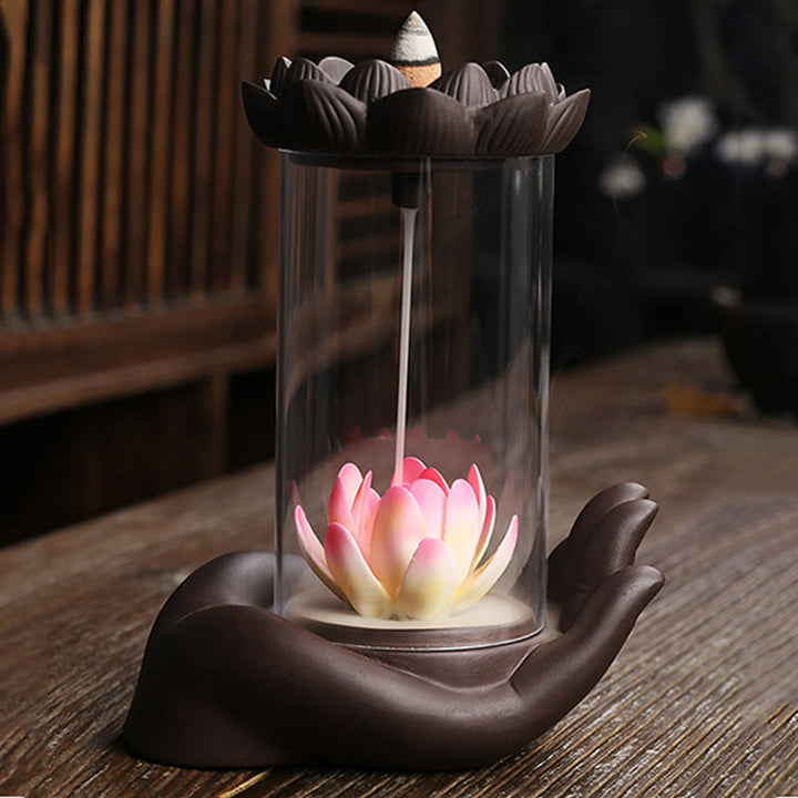 Buddha Stones仏陀の手 蓮 悟り LEDライト 紫 粘土 陶器 香炉 装飾