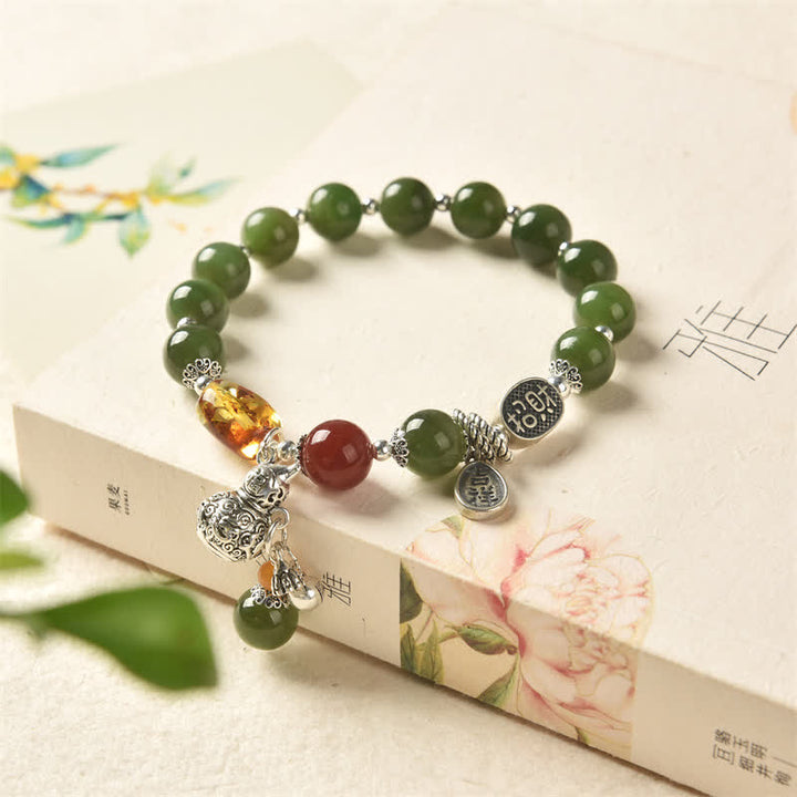 Buddha Stones 925スターリングシルバー 和田シアン翡翠ひょうたん琥珀成功ブレスレット
