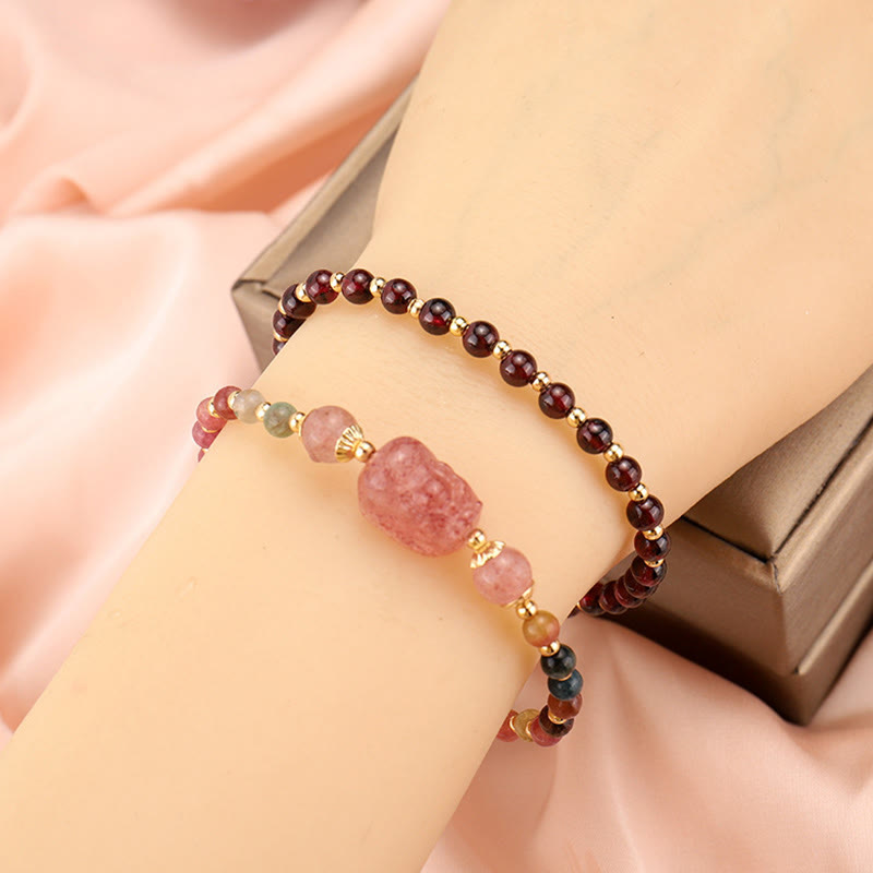 Buddha Stones天然トルマリンガーネット ストロベリークォーツ 貔貅ムーンストーン守護ブレスレット
