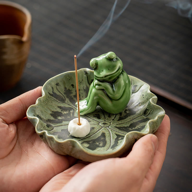 Buddha Stones葉 瞑想 カエル柄 癒し 陶器 香炉 装飾