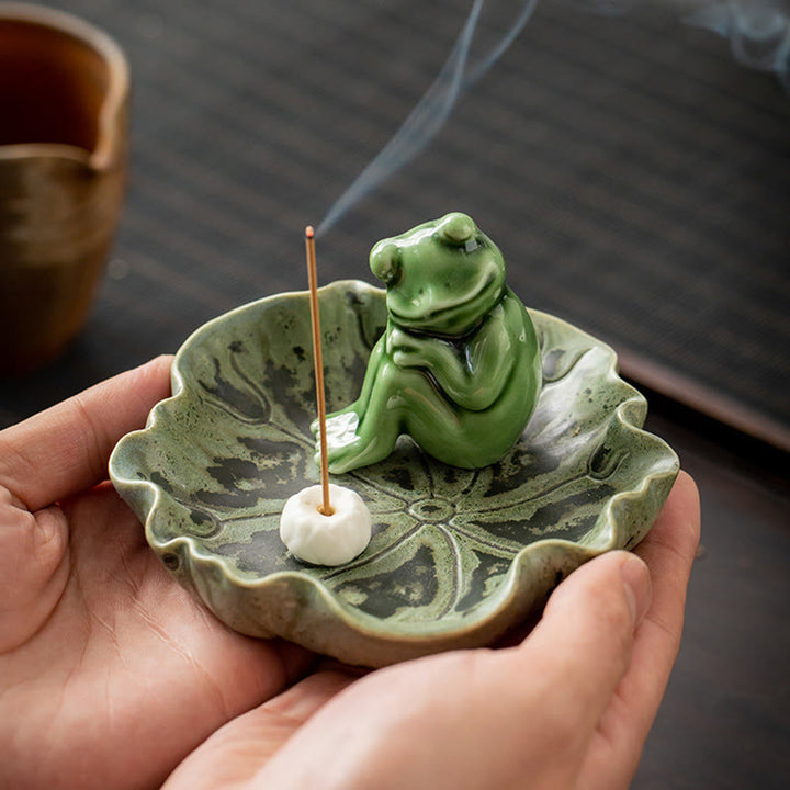 Buddha Stones葉 瞑想 カエル柄 癒し 陶器 香炉 装飾