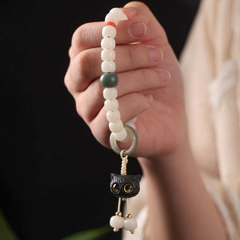 Buddha Stones天然菩提樹 アフリカンブラックウッド 愛らしい猫のチャーム 平和と調和のブレスレット - image 3