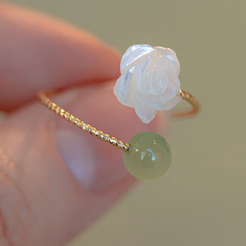 Buddha Stones14K ゴールドメッキ シャコガイ石 ローズフラワー 翡翠ビーズ 祝福リング