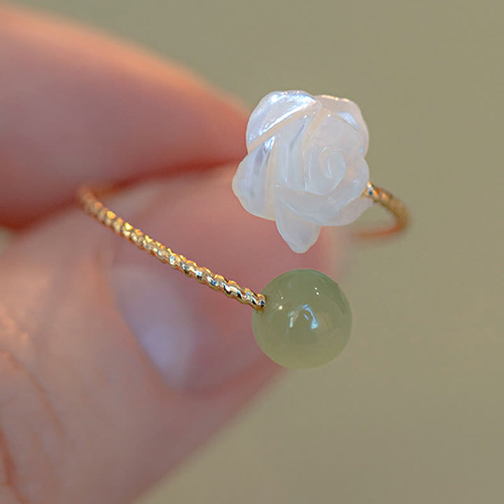 Buddha Stones14K ゴールドメッキ シャコガイ石 ローズフラワー 翡翠ビーズ 祝福リング