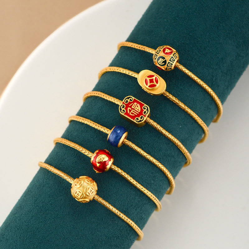Buddha Stonesチベット 18K ゴールドオーム・マニ・パドメ・フム幸運の鯉 福 キャラクター インゴット 銅貨 平和ブレスレット