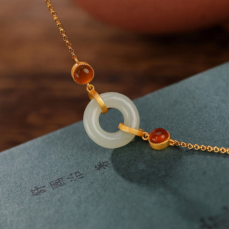 Buddha Stones 925スターリングシルバー ゴールドメッキ 天然和田翡翠平和のお守りチャーム赤瑪瑙幸運ブレスレット - image 1