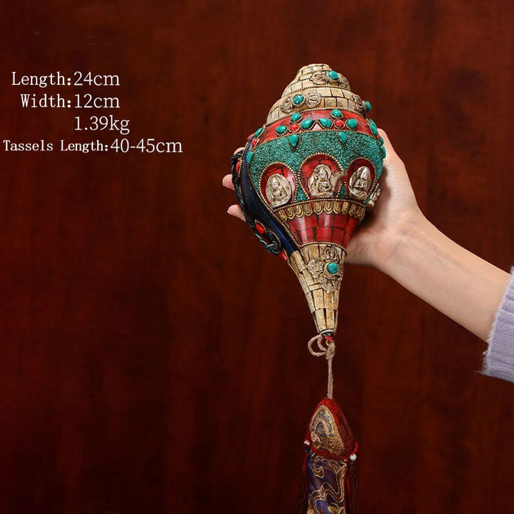 チベット手作り Shankha Om Mani Padme Hum Buddha Avalokitesvara ターコイズ コンクシェル ポジティブ装飾