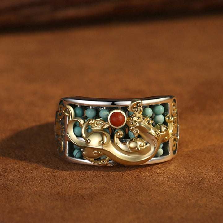 Buddha Stones 925スターリングシルバー ターコイズ レッドアゲート 貔貅 そろばん 守護リング