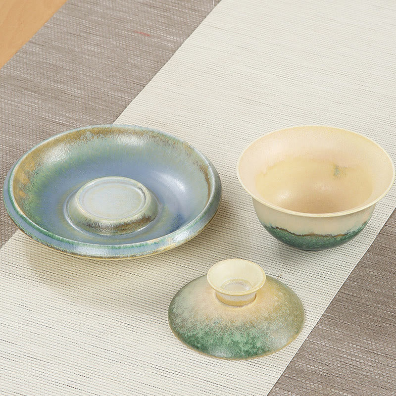 Buddha Stones緑の海の波模様 磁器 セラミック 蓋碗 三彩 ティーカップ カンフー ティーカップ ソーサー 蓋付き