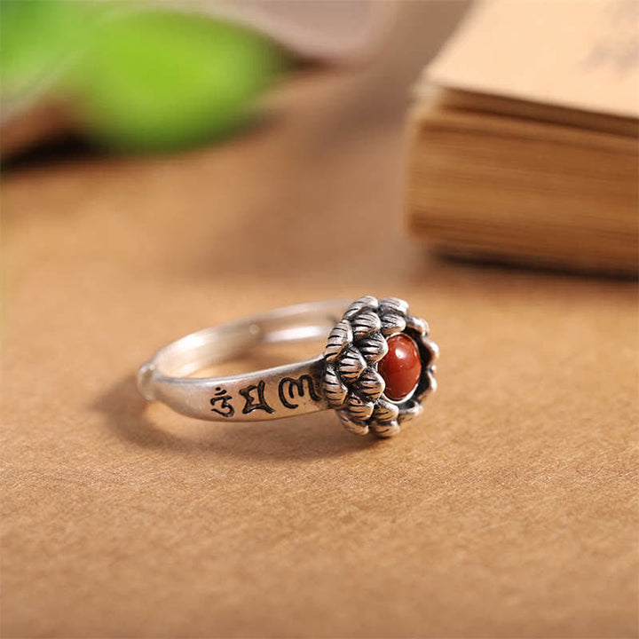Buddha Stones 925スターリングシルバー ロータスレッドアゲート 自信の祝福リング