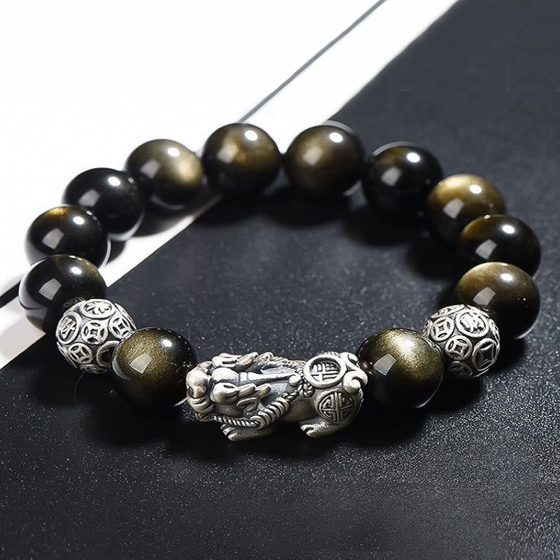 Buddha Stones925スターリングシルバー 天然ゴールド 光沢 黒曜石 貔貅 富の守護ブレスレット