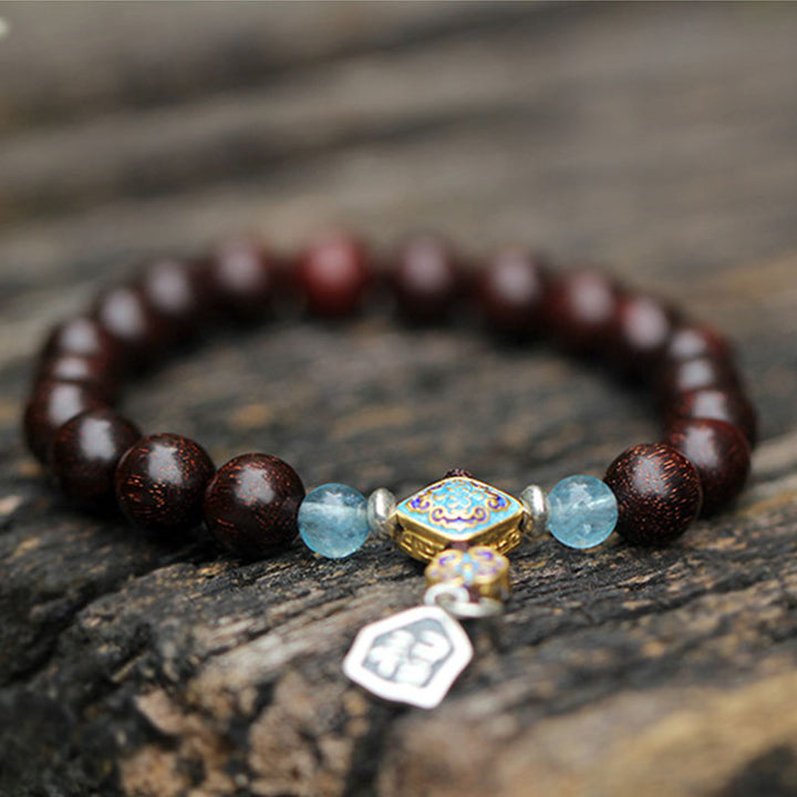 Buddha Stones925 スターリングシルバー インド産小葉 レッドサンダルウッド アクアマリン ゴールドスター 中国結び 祝福ブレスレット