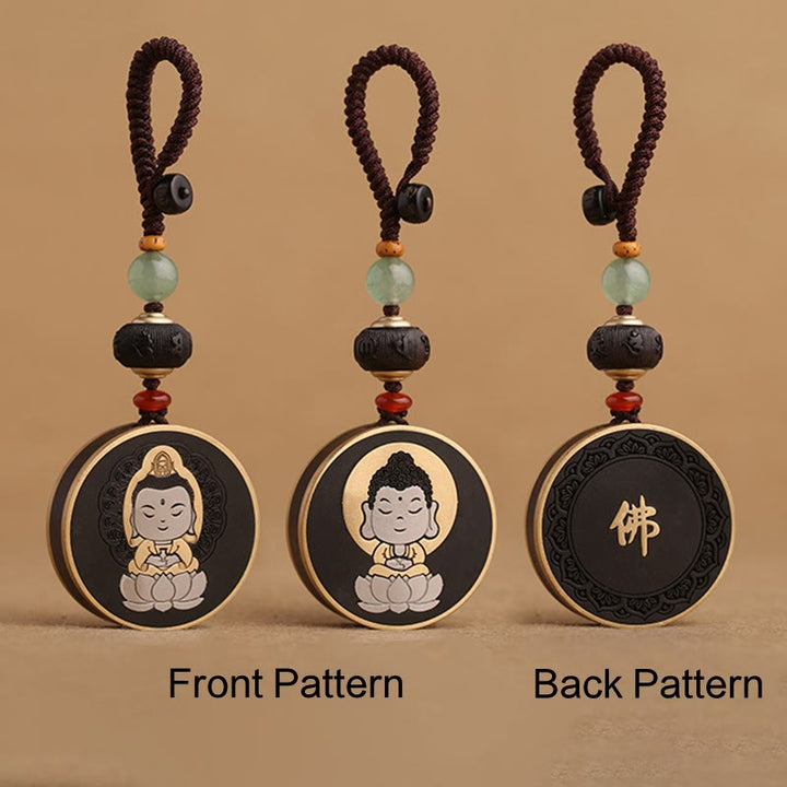Buddha Stones黒檀木材ローズウッド仏観音菩薩Om Mani Padme Humバランス車のキーチェーン装飾