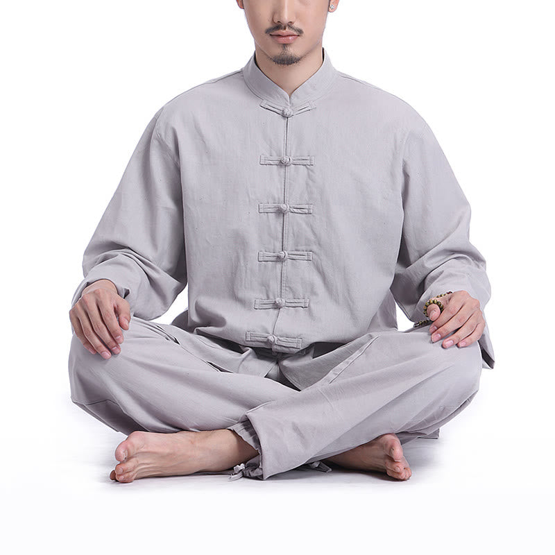 Buddha Stones中国風 カエル ボタンデザイン 瞑想 祈り コットン リネン スピリチュアル 禅 練習 ヨガ ウェア メンズ セット - グレー(長袖) - US/UK/AU44、 EU54 (3XL) - image 0