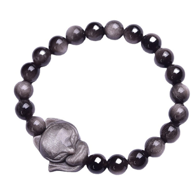 Buddha Stones天然銀光沢黒曜石キツネ守護ブレスレット
