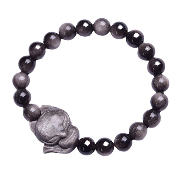 Buddha Stones天然銀光沢黒曜石キツネ守護ブレスレット