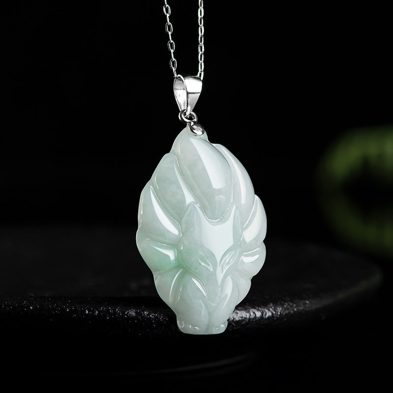 Buddha Stones 925スターリングシルバー 天然翡翠 九尾狐 繁栄のネックレスペンダント