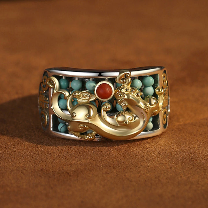 Buddha Stones 925スターリングシルバー ターコイズ レッドアゲート 貔貅 そろばん 守護リング